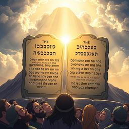 A beautifully illustrated scene depicting the Ten Commandments on two stone tablets, set against a dramatic mountainous backdrop