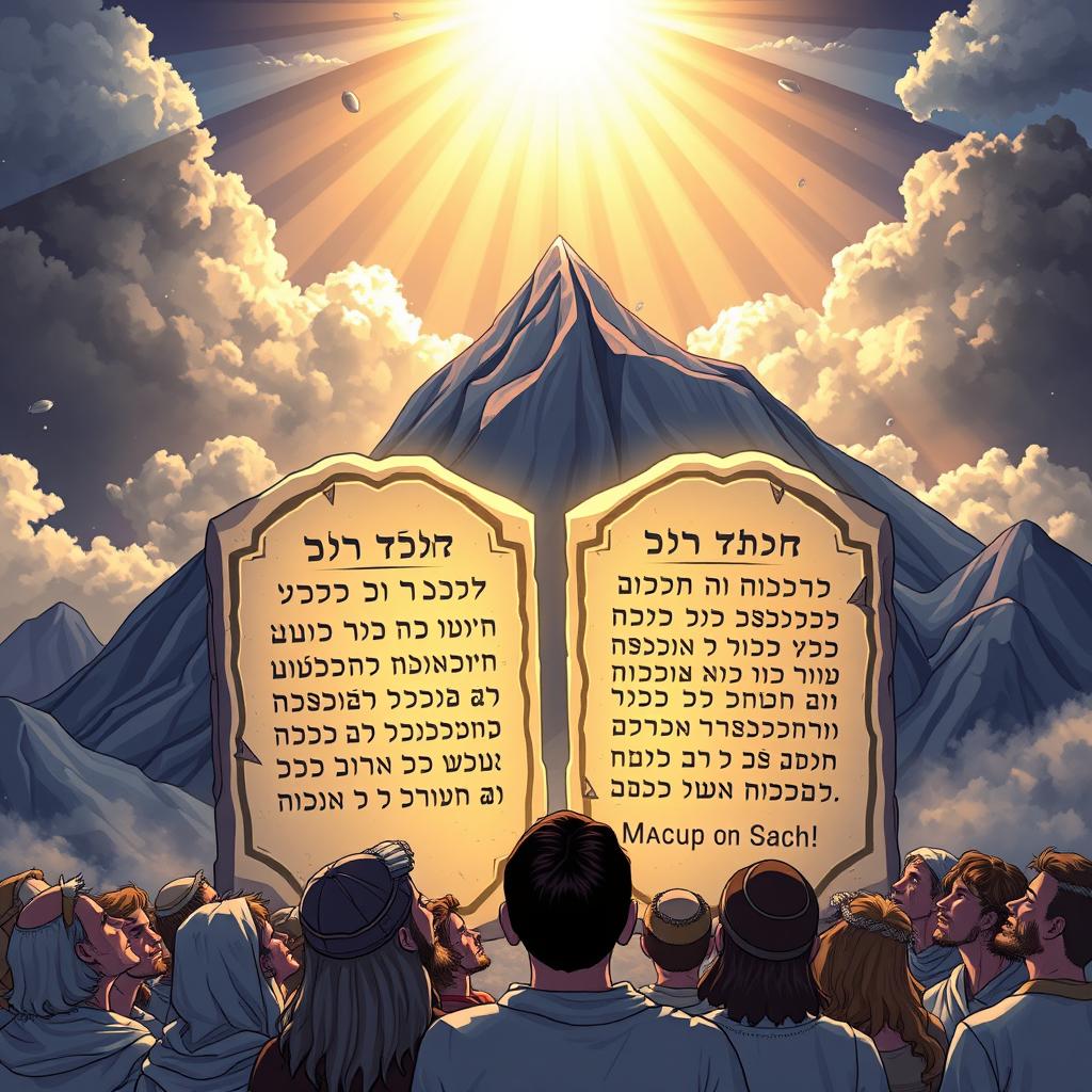 A beautifully illustrated scene depicting the Ten Commandments on two stone tablets, set against a dramatic mountainous backdrop