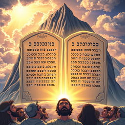 A beautifully illustrated scene depicting the Ten Commandments on two stone tablets, set against a dramatic mountainous backdrop