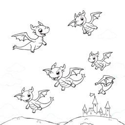 A whimsical and adorable gathering of cartoon-style dragons flying joyfully in a clear blue sky