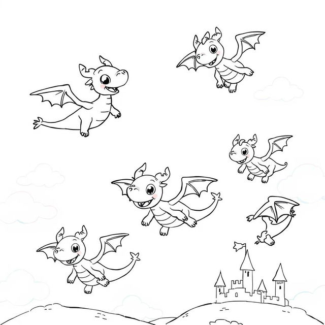 A whimsical and adorable gathering of cartoon-style dragons flying joyfully in a clear blue sky