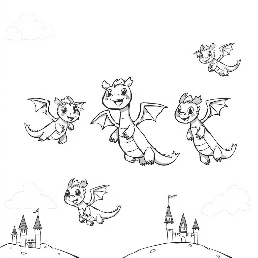 A whimsical and adorable gathering of cartoon-style dragons flying joyfully in a clear blue sky