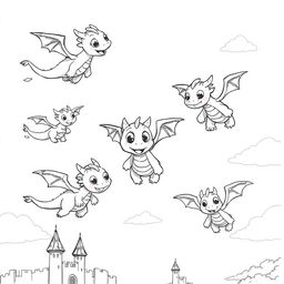 A whimsical and adorable gathering of cartoon-style dragons flying joyfully in a clear blue sky