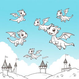A whimsical and adorable gathering of cartoon-style dragons flying joyfully in a clear blue sky