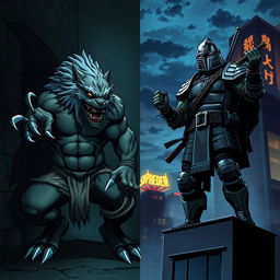 A split scene depicting the two main Teenage Mutant Ninja Turtles villains: Rahzar and Shredder
