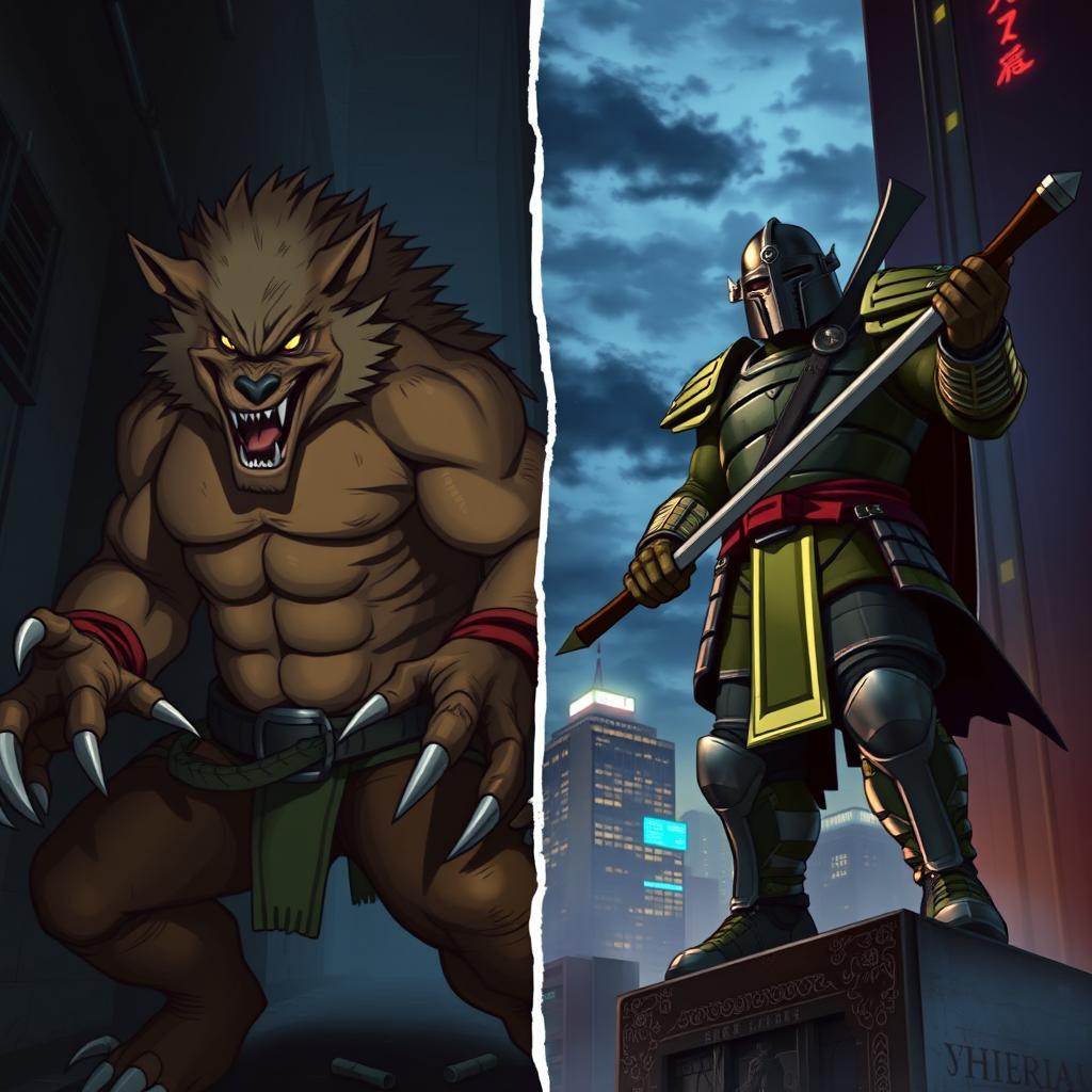 A split scene depicting the two main Teenage Mutant Ninja Turtles villains: Rahzar and Shredder