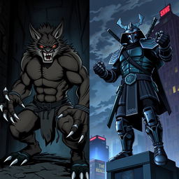 A split scene depicting the two main Teenage Mutant Ninja Turtles villains: Rahzar and Shredder