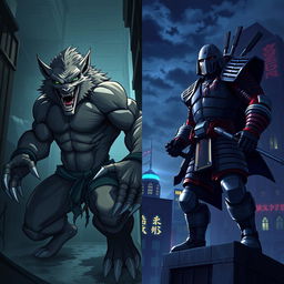 A split scene depicting the two main Teenage Mutant Ninja Turtles villains: Rahzar and Shredder