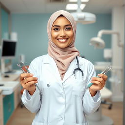 A dental doctor wearing a hijab with light wheatish skin tone, standing confidently with dental diagnostic tools in her hands