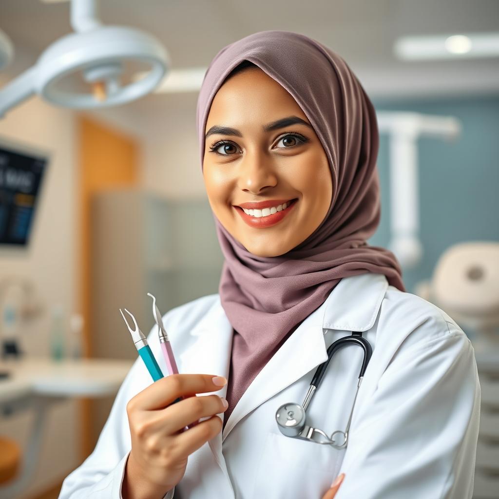 A dental doctor wearing a hijab with light wheatish skin tone, standing confidently with dental diagnostic tools in her hands