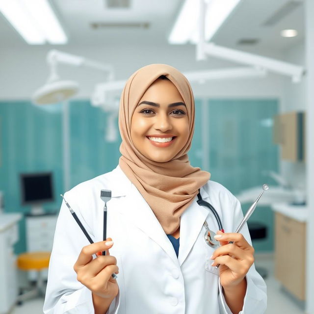 A dental doctor wearing a hijab with light wheatish skin tone, standing confidently with dental diagnostic tools in her hands