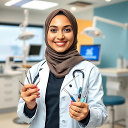 A dental doctor wearing a hijab with light wheatish skin tone, standing confidently with dental diagnostic tools in her hands