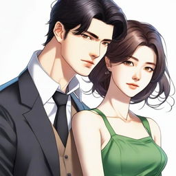 A high-quality, hyper-realistic digital art image, rendered in the style of manhwa, portrays a sophisticated couple