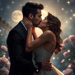 A romantic scene of two adults deeply kissing each other, surrounded by a dreamy, ethereal atmosphere