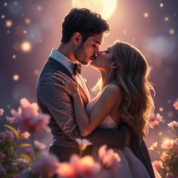 A romantic scene of two adults deeply kissing each other, surrounded by a dreamy, ethereal atmosphere