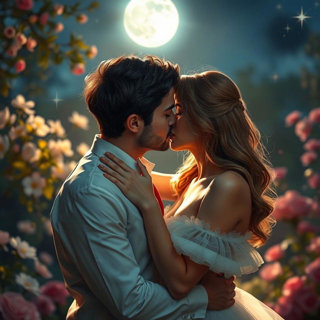 A romantic scene of two adults deeply kissing each other, surrounded by a dreamy, ethereal atmosphere