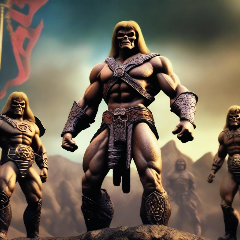 This is an ultra high-definition, CGI-rendered image that captures a scene reminiscent of the 1980s dark fantasy movie, 'The Masters of the Universe', with a focus on the band Iron Maiden