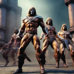 This is an ultra high-definition, CGI-rendered image that captures a scene reminiscent of the 1980s dark fantasy movie, 'The Masters of the Universe', with a focus on the band Iron Maiden