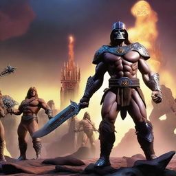 This is an ultra high-definition, CGI-rendered image that captures a scene reminiscent of the 1980s dark fantasy movie, 'The Masters of the Universe', with a focus on the band Iron Maiden