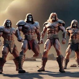 This is an ultra high-definition, CGI-rendered image that captures a scene reminiscent of the 1980s dark fantasy movie, 'The Masters of the Universe', with a focus on the band Iron Maiden