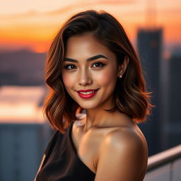 An elegant portrait of a confident young woman with shoulder-length wavy hair, wearing a stylish off-the-shoulder black dress