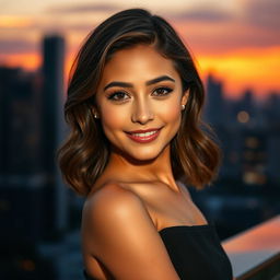 An elegant portrait of a confident young woman with shoulder-length wavy hair, wearing a stylish off-the-shoulder black dress