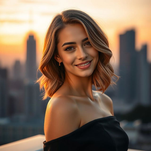 An elegant portrait of a confident young woman with shoulder-length wavy hair, wearing a stylish off-the-shoulder black dress