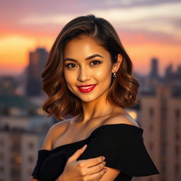 An elegant portrait of a confident young woman with shoulder-length wavy hair, wearing a stylish off-the-shoulder black dress