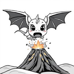 A cute, cartoonish dragon with oversized wings, looking frightened as it soars through the sky