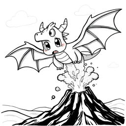 A cute, cartoonish dragon with oversized wings, looking frightened as it soars through the sky