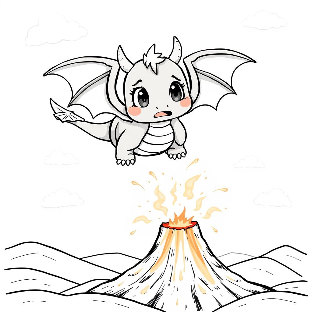 A cute, cartoonish dragon with oversized wings, looking frightened as it soars through the sky