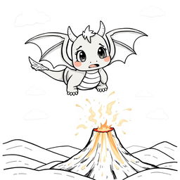 A cute, cartoonish dragon with oversized wings, looking frightened as it soars through the sky