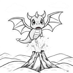 A cute, cartoonish dragon with oversized wings, looking frightened as it soars through the sky