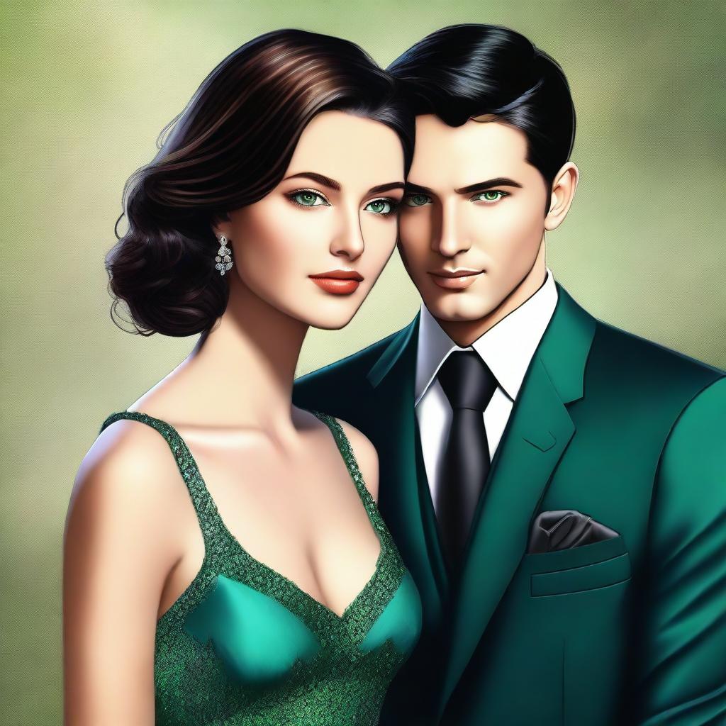 This high-quality digital art image presents a sophisticated couple in their twenties, rendered in a semi-realistic style