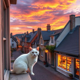 A peaceful small town at sunset featuring charming cobblestone streets and cozy houses