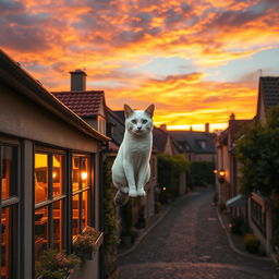 A peaceful small town at sunset featuring charming cobblestone streets and cozy houses