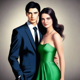 This high-quality digital art image presents a sophisticated couple in their twenties, rendered in a semi-realistic style