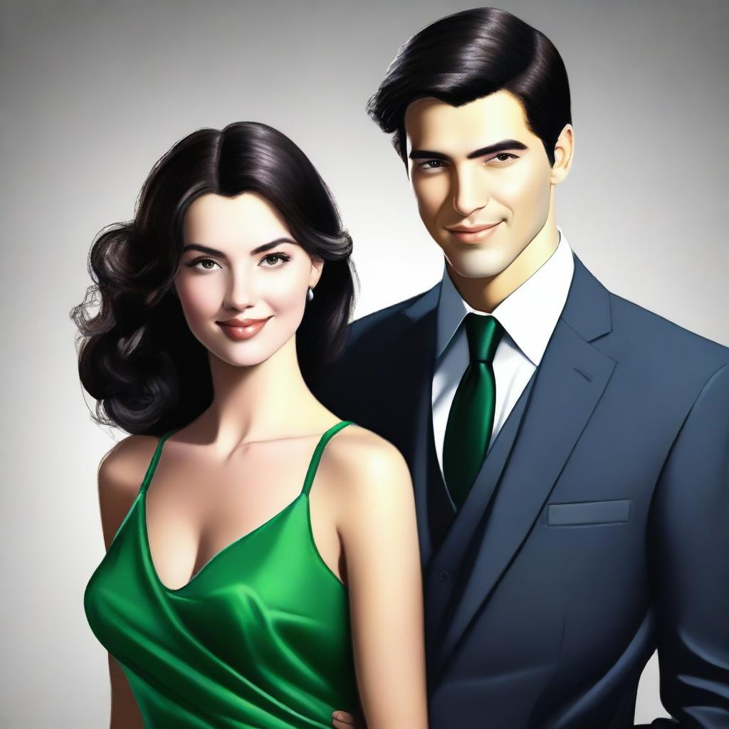 This high-quality digital art image presents a sophisticated couple in their twenties, rendered in a semi-realistic style