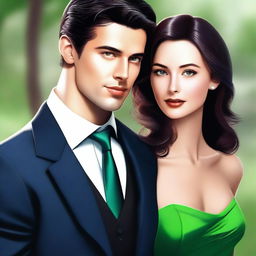 This high-quality digital art image presents a sophisticated couple in their twenties, rendered in a semi-realistic style