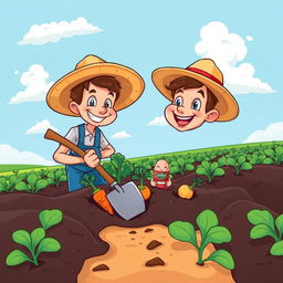 A vibrant cartoon style illustration of a farmer digging down into his field, surrounded by rows of crops