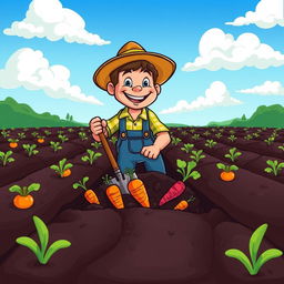 A vibrant cartoon style illustration of a farmer digging down into his field, surrounded by rows of crops