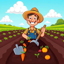 A vibrant cartoon style illustration of a farmer digging down into his field, surrounded by rows of crops