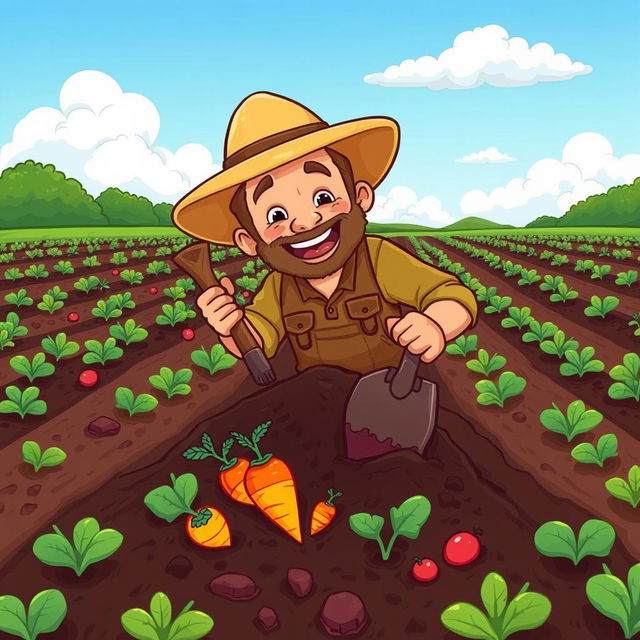 A vibrant cartoon style illustration of a farmer digging down into his field, surrounded by rows of crops