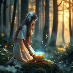 A young woman with long, flowing hair tied with an elegant white hair bow, wearing a light, flowing pastel-colored dress, kneeling in a magical forest filled with glowing flowers, faint mist, and golden sunlight filtering through the tall trees