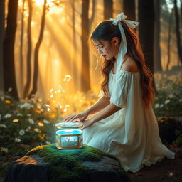 A young woman with long, flowing hair tied with an elegant white hair bow, wearing a light, flowing pastel-colored dress, kneeling in a magical forest filled with glowing flowers, faint mist, and golden sunlight filtering through the tall trees