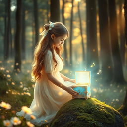 A young woman with long, flowing hair tied with an elegant white hair bow, wearing a light, flowing pastel-colored dress, kneeling in a magical forest filled with glowing flowers, faint mist, and golden sunlight filtering through the tall trees