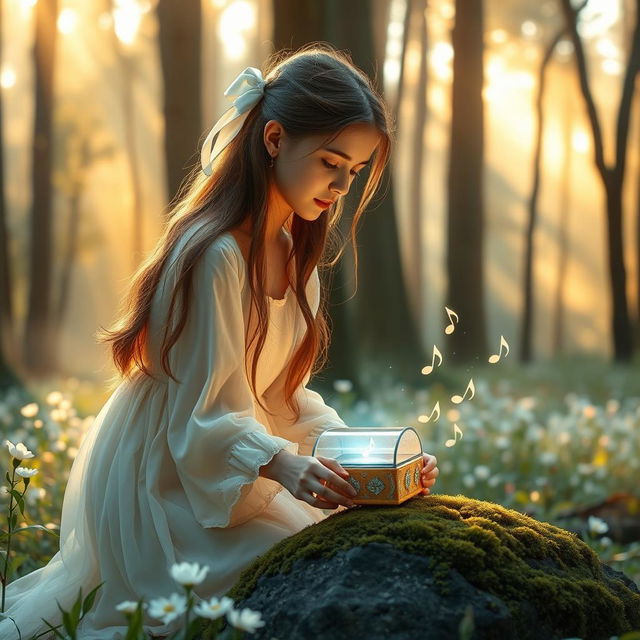 A young woman with long, flowing hair tied with an elegant white hair bow, wearing a light, flowing pastel-colored dress, kneeling in a magical forest filled with glowing flowers, faint mist, and golden sunlight filtering through the tall trees