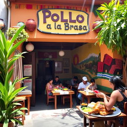 A cozy hostel named 'Pollo a la Brasa', featuring a warm, welcoming facade adorned with colorful Peruvian decorations