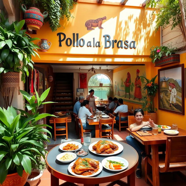 A cozy hostel named 'Pollo a la Brasa', featuring a warm, welcoming facade adorned with colorful Peruvian decorations