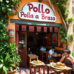 A cozy hostel named 'Pollo a la Brasa', featuring a warm, welcoming facade adorned with colorful Peruvian decorations